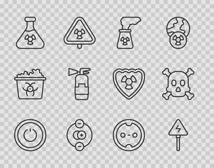 Set line Power button, High voltage sign, Nuclear power plant, Atom, Test tube radiation, Fire extinguisher, Electrical outlet and Bones and skull warning icon. Vector
