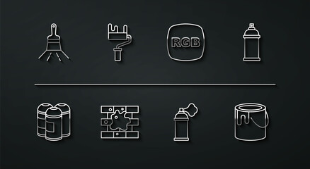 Set line Paint brush, spray can, Painting the house, roller, bucket and RGB icon. Vector