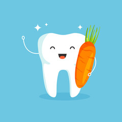 Cartoon white healthy tooth with a carrot. Oral hygiene, teeth cleaning. Dental health concept. Vector illustration isolated on blue background.