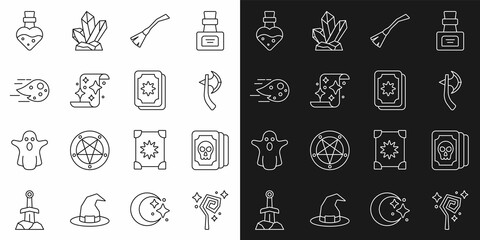 Set line Magic staff, Tarot cards, Wooden axe, Witches broom, scroll, Fireball, Bottle with potion and icon. Vector