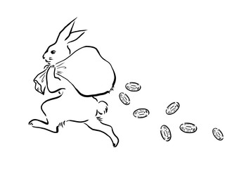 Fototapeta 袋を担いで走るウサギの線画イラスト obraz