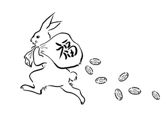 袋を担いで走るウサギの線画イラスト