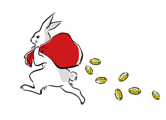 Fototapeta 袋を担いで走るウサギの線画イラスト　色付き obraz