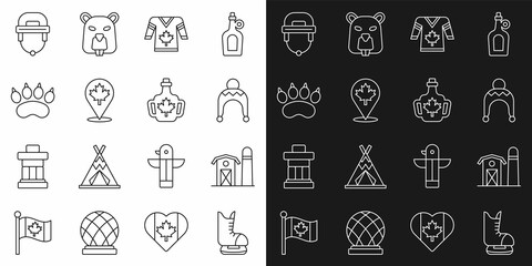 Set line Skates, Farm house, Winter hat, Hockey jersey, Canadian maple leaf, Bear paw footprint, helmet and Bottle of syrup icon. Vector