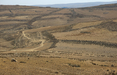 winding road amidst sandy expanse of desert with some rock formations in the Middle Eastern areas