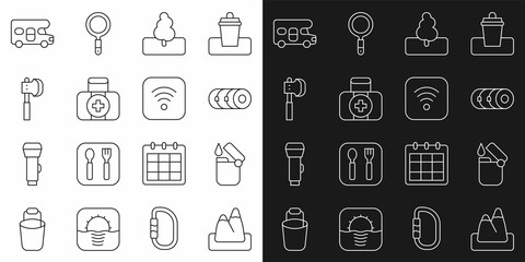 Set line Mountains, Lighter, Blanket roll, Tree, First aid kit, Wooden axe, RV motorhome vehicle and Wi-Fi wireless internet icon. Vector