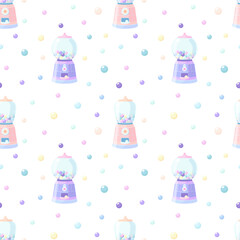 Seamless pattern with gum machines. Vector illustration in gentle pastel colors. Round sweets on a white background.