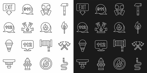 Set line Fire hose reel, Firefighter axe, Burning match with fire, Gas mask, hydrant, Emergency call, exit and icon. Vector