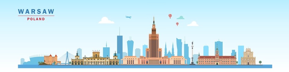 Fototapeta na wymiar Warsaw city skyline buildings and landmarks colorful vector illustration, capital city of Poland. 