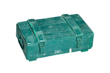 an army wooden aquamarine green blue box, close-up on a white background. texture of the old tree. props for games