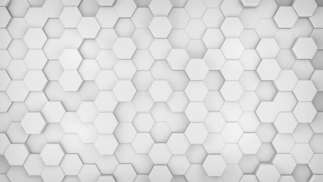 Clean white hexagon background footage. Slow moving blank mosaic chaotic animation. Hi-tech top view geometric hexagonal backdrop.