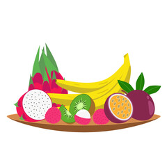 Fresh and ripe fruit on the plate. Still life of various exotic fruits in a flat style. Vector illustration isolated on white background.