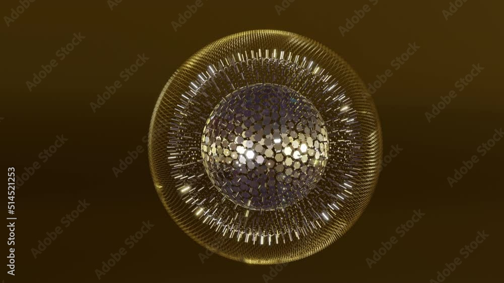 Poster Luxury sphere from 3D animation against a dark background. Abstract globe with hexagonal and mirror surface elements. A sparkling mirror ball spins.