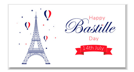 Happy Bastille Day, the French National Day poster and concept design. France independence day celebration card. Red, white, blue horizontal banner Vector