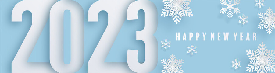 2023 Happy new year design for greeting cards or for branding, banner, cover, card Happy new year 2023 with paper cut art and craft style on paper color background.