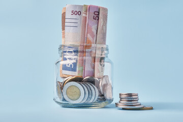Mexican coins and banknotes. Mexican peso, Latin American currency