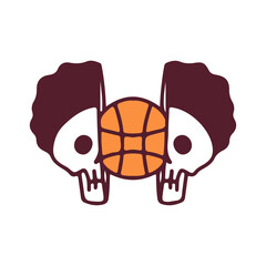 Two half of afro skull head with basketball inside, illustration for t-shirt, street wear, sticker, or apparel merchandise. With doodle, retro, and cartoon style.
