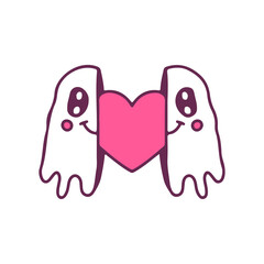 Two half of ghost with heart inside, illustration for t-shirt, street wear, sticker, or apparel merchandise. With doodle, retro, and cartoon style.