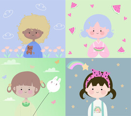 Cute girls vector cartoon set. Happy girl characters.