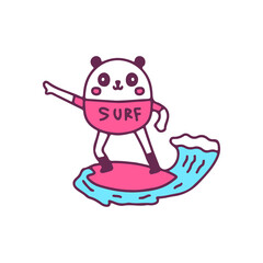 Cool panda mascot surfing, illustration for t-shirt, street wear, sticker, or apparel merchandise. With doodle, retro, and cartoon style.
