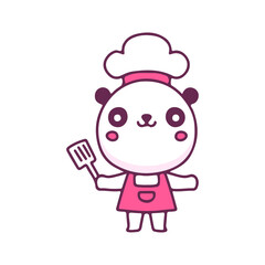 Kawaii chef panda with spatula, illustration for t-shirt, street wear, sticker, or apparel merchandise. With doodle, retro, and cartoon style.