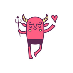 Fototapeta premium Little red devil with showing love, illustration for t-shirt, sticker, or apparel merchandise. With doodle, retro, and cartoon style.