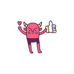 Cute red devil holding like button, illustration for t-shirt, sticker, or apparel merchandise. With doodle, retro, and cartoon style.