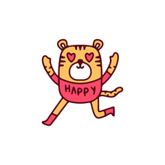 Happy tiger with love eyes, illustration for t-shirt, sticker, or apparel merchandise. With doodle, retro, and cartoon style.