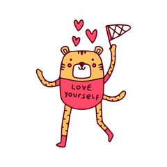Funny tiger catching love, illustration for t-shirt, sticker, or apparel merchandise. With doodle, retro, and cartoon style.
