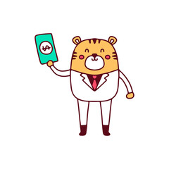 Fototapeta premium Cool tiger wearing white tuxedo holding money, illustration for t-shirt, sticker, or apparel merchandise. With doodle, retro, and cartoon style.