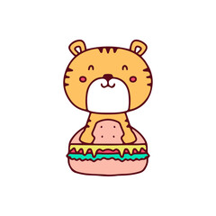 Kawaii tiger with cheeseburger, illustration for t-shirt, sticker, or apparel merchandise. With doodle, retro, and cartoon style.