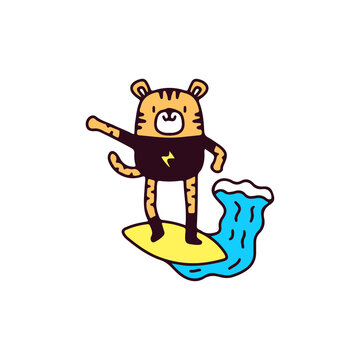 Cool little tiger surfing, illustration for t-shirt, sticker, or apparel merchandise. With doodle, retro, and cartoon style.
