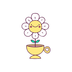 Sunflower inside a cup of coffee, illustration for t-shirt, street wear, sticker, or apparel merchandise. With doodle, retro, and cartoon style.