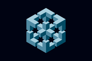 Blue impossible cube, web design element, optical illusion