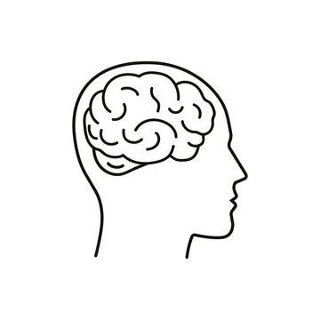 Brain in head icon design in outline style. Vector illustration.