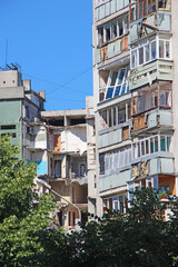 multi-storey building in Chernihiv where rocket hit. dilapidated apartment building