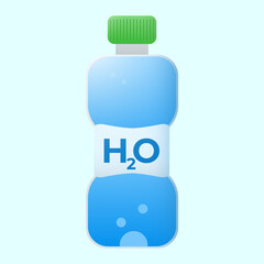 Vector illustration of a blue plastic bottle with a green cap and the inscription H2O