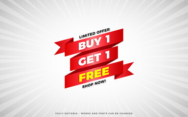 Buy one get one free sale banner design template with editable text effect