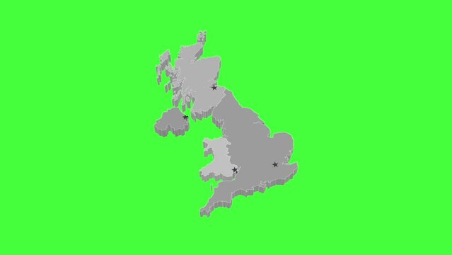 3D map illustration of UK on green background	
