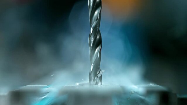 Super slow motion of detail of a drill bit drilling into aluminium pipe. Filmed on high speed cinema camera, 1000 fps.
