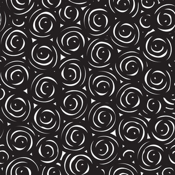 Abstract black and white seamless pattern with spiral doodles. Vector repeating background, graphic print for clothing, textiles, wrapping paper, wallpaper. Texture with squiggles in the form of roses