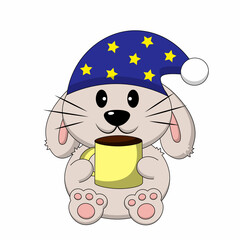 Cute sleep Rabbit with cup. Draw illustration in color