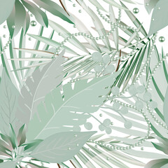 Green palm leaves jewelry seamless pattern. Exotic tropical plants background. Repeat leafy backdrop. Floral ornaments. Beautiful design in pastel colors. Light green pearls string. Isolated on white