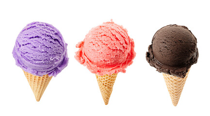 Chocolate, raspberry and blueberry ice cream scoop with cone isolated on white background