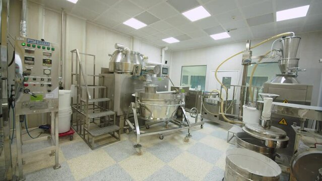 The overall plan demonstrates the pharma equipment during the work process of drug manufacturing at the pharmaceutical plant.