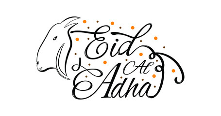 Eid Al Adha text handwriting with dot ornament and goat's head
