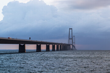 Fototapeta premium Great Belt bridge (Østbroen) in Denmark, a multi-element fixed link crossing the Great Belt strait between the Danish islands of Zealand and Funen