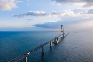 Aerial view on the famous Great Belt bridge (Østbroen) in Denmark, a multi-element fixed link...