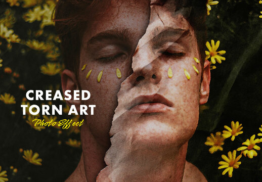 Crumpled Torn Paper Art Photo Effect Mockup