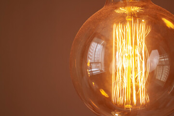Classic retro incandescent edison light bulb: close up of the glowing filament